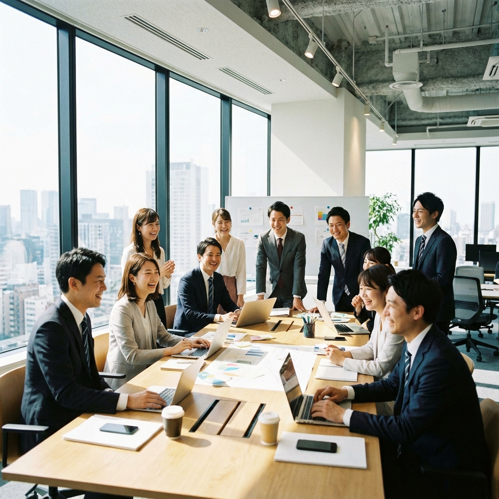 活気あるモダンなオフィスで笑顔で働く多様なビジネスパーソン